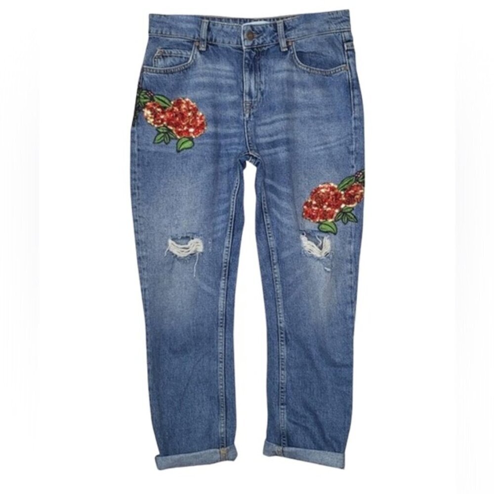 Zara Boyfriend Floral Embroidered Sequins High Rise Jeans Distressed Roses 2